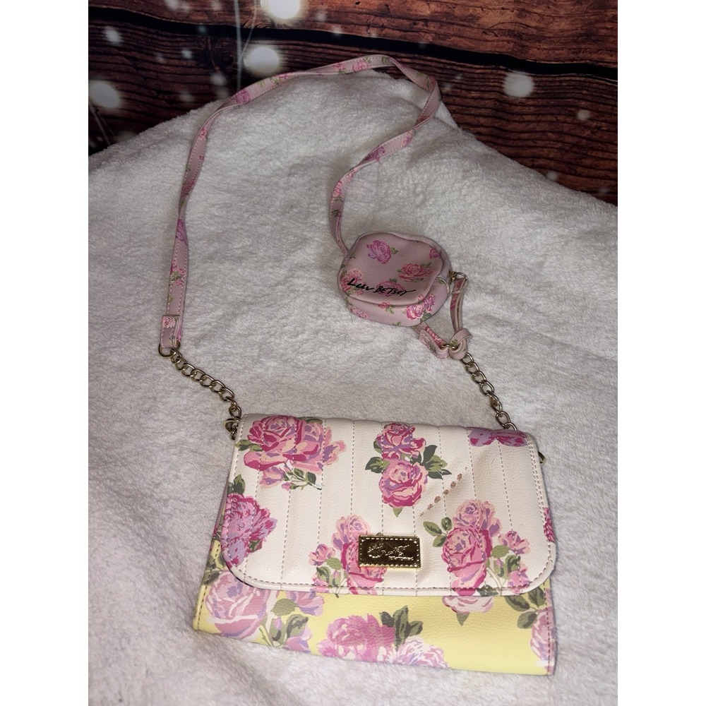 Betsey Johnson Wallet Crossbody Bag W/change Purse Pink Rose White Yellow